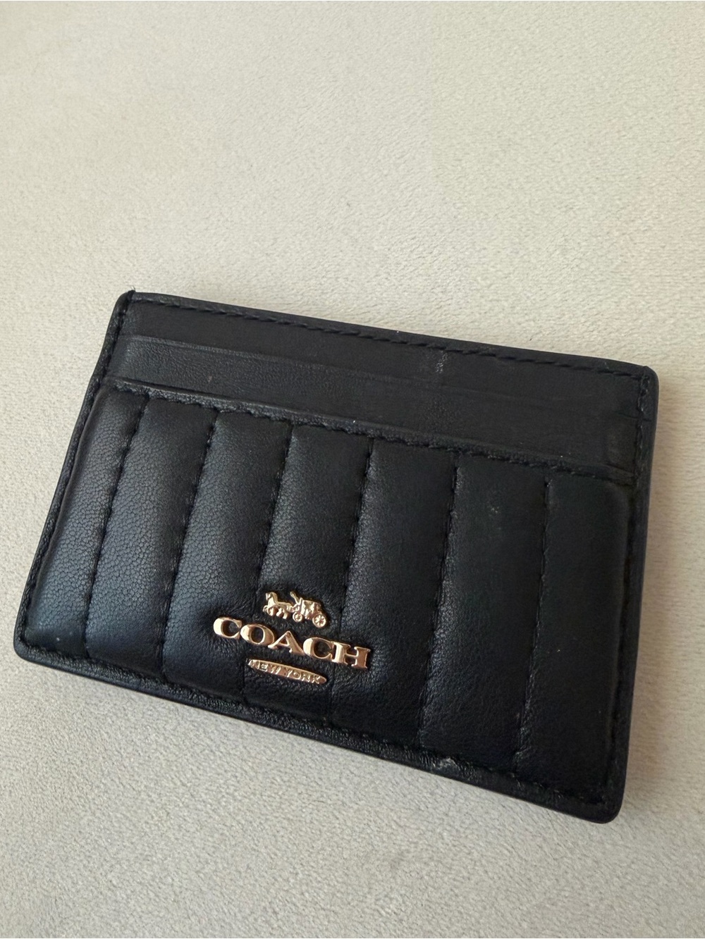 COACH Black Quilted Leather Card Holder with Gold Logo